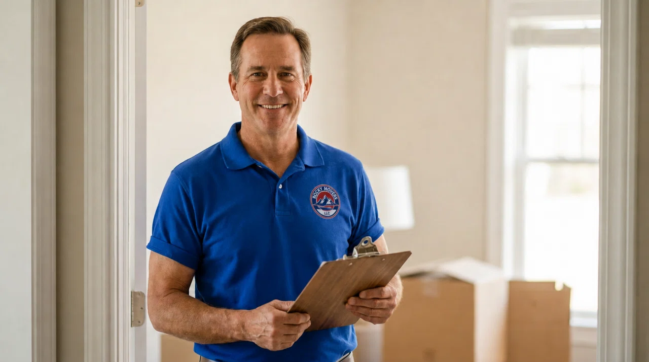 A friendly Rocky Movers professional in a blue uniform welcoming a customer at the door, ready to help plan a Denver cross-country move.