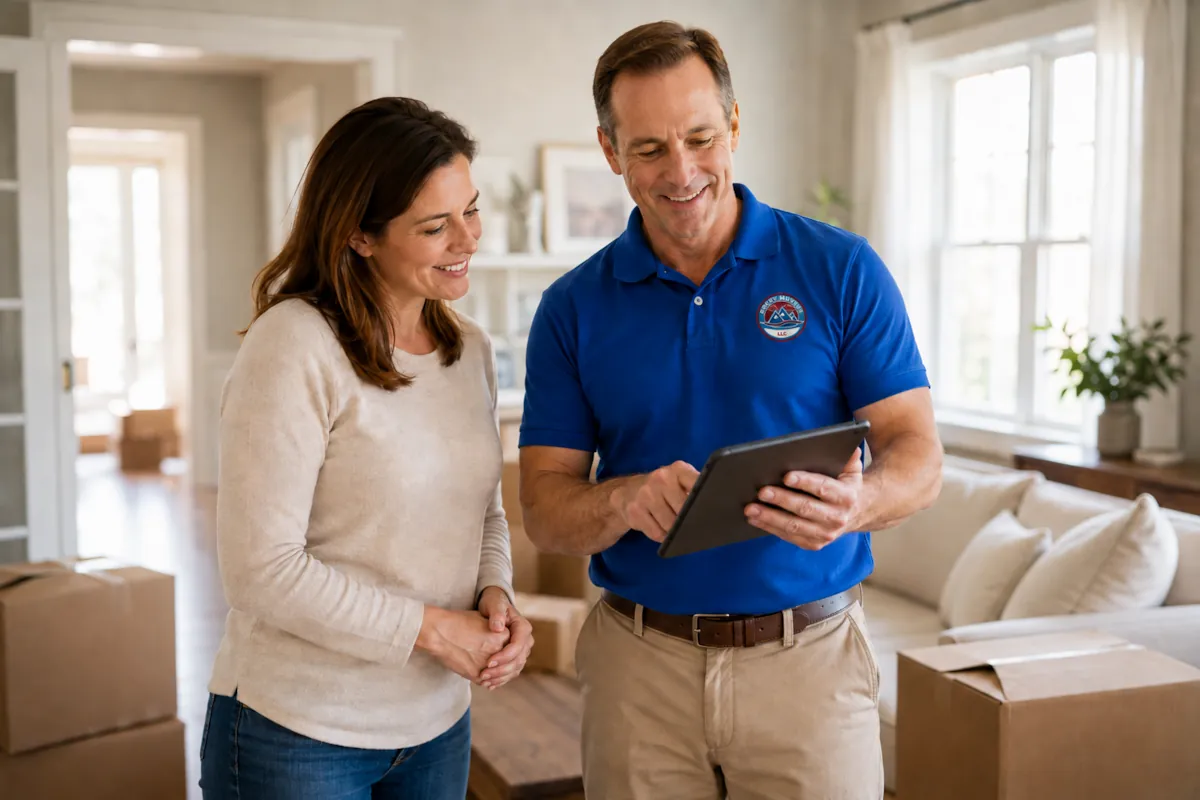 Professional mover reviewing a free in-home packing services estimate with a Denver homeowner