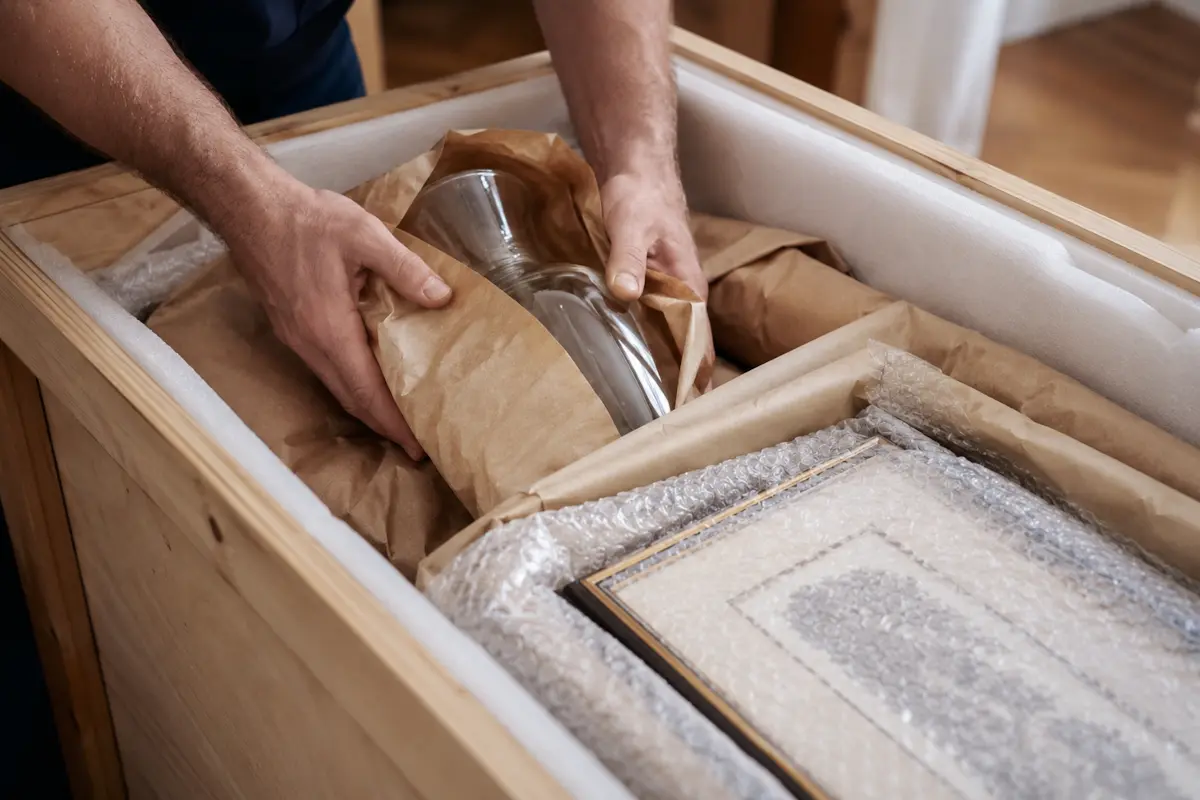 Mover carefully wrapping fragile items and placing them into a padded custom crate