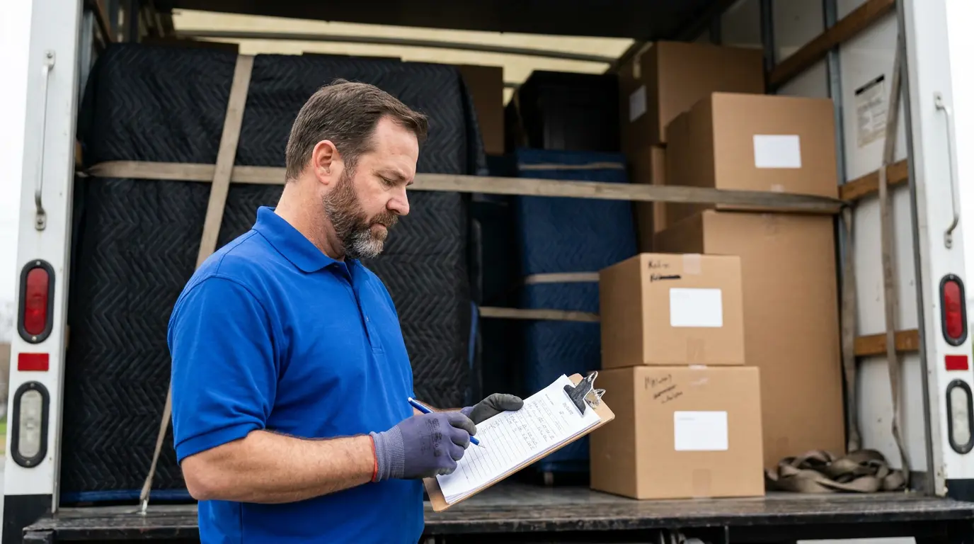 Rocky Movers mover in a blue uniform checking a moving inventory clipboard at the back of a loaded long-distance truck of neatly wrapped furniture.