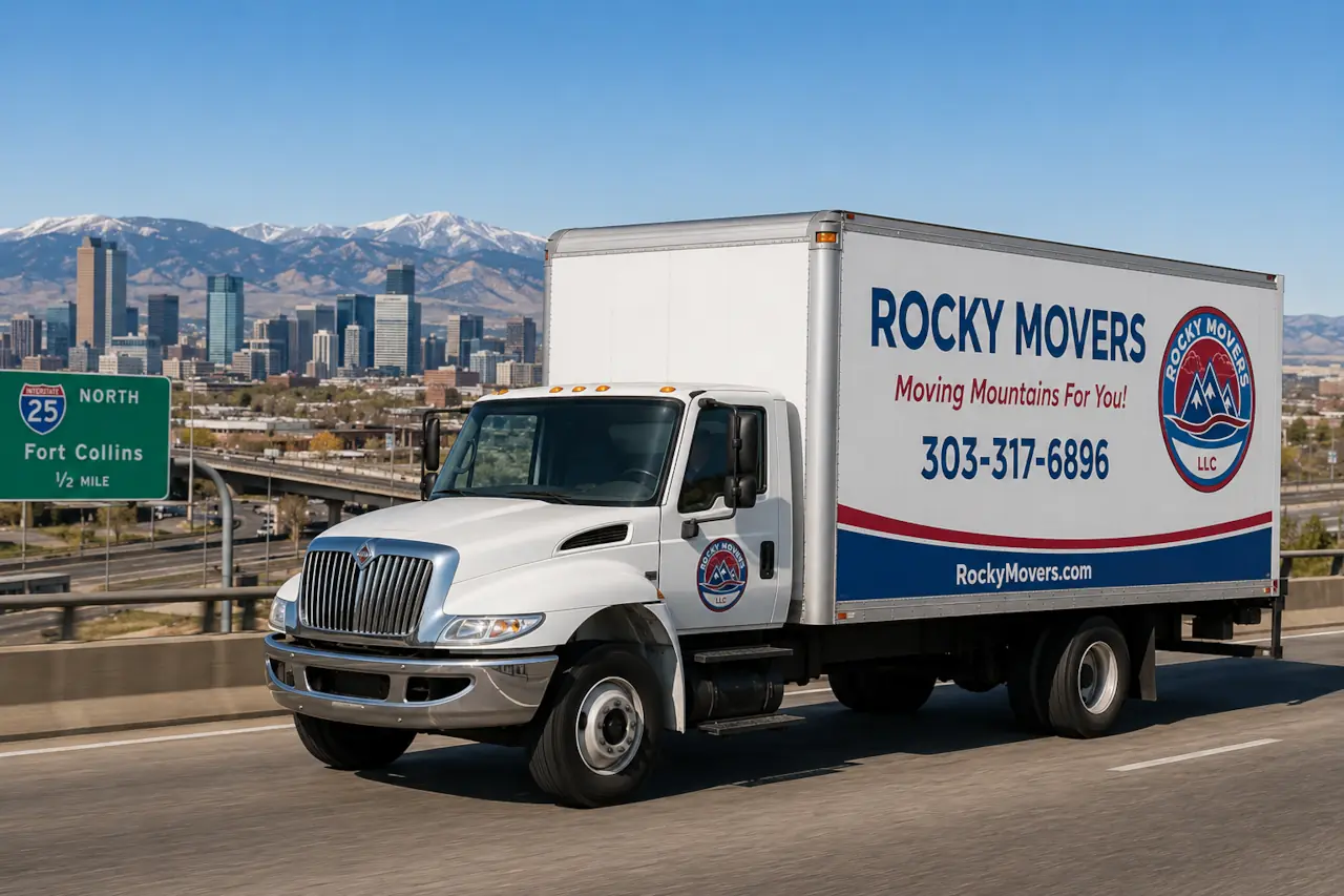 Moving truck on a Colorado highway loaded for a long-distance move from Denver