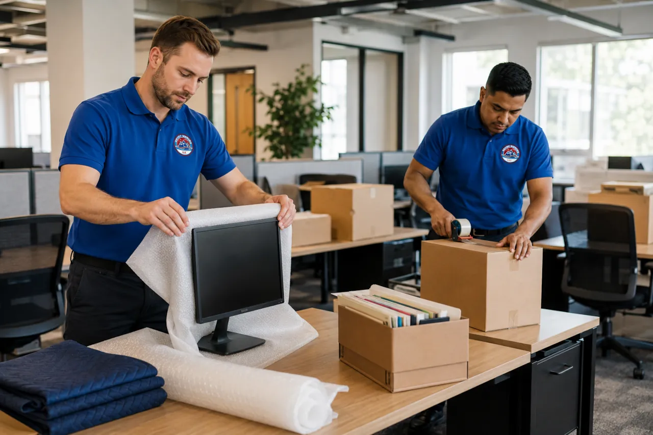 Movers packing office computers and files for a commercial move in Denver