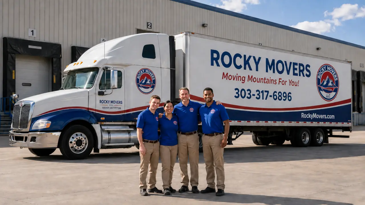 The professional Rocky Movers moving crew in matching blue uniforms standing in front of their white truck in Denver, CO.