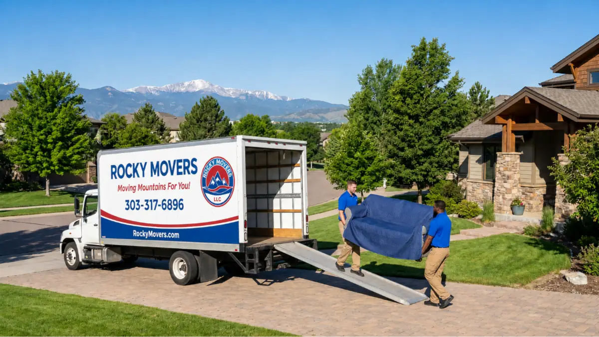 Rocky Movers crew in blue uniforms loading a wrapped sofa into a white cross-country moving truck outside a Denver, CO home with the Rocky Mountains behind.