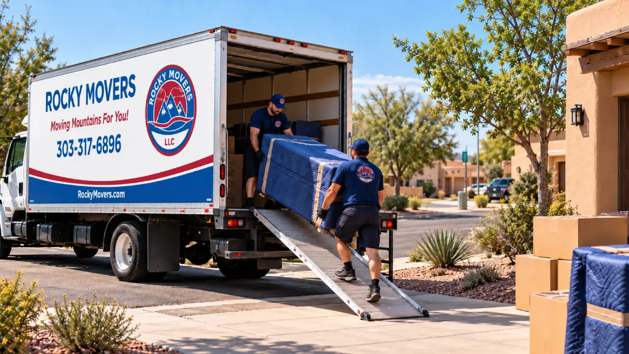 Rocky Movers crew loading blanket-wrapped furniture into a branded moving truck outside an Albuquerque, NM home.